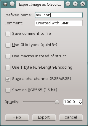 GIMPs export as C Source Code dialog